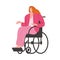 Happy smiling disabled girl in pink clothes sitting in a wheelchair. Vector illustration in flat cartoon style.