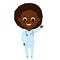 Happy smiling doctor girl waving friendly. Character in a children\\\'s style for illustrations of medical stands,