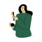 Happy smiling eco volunteer woman standing in a green shirt with a brush. Vector illustration in cartoon style.