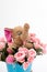 Happy smiling elephant with rose flower bouquet. Iron bucket/container. Image use for birthday, child birth,anniversary, Valentine