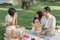 happy smiling family grandparent and grandchild picnic together outside at park