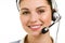 Happy smiling female support phone operator