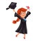 Happy smiling girl in gown with diploma throwing cap vector illustration.