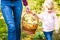 Happy Smiling girl with mother are gathering apples