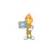 Happy smiling gold candle cartoon character working with laptop