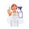 Happy smiling housekeeper raise thumb fingers up approving good quality cleaning detergent product. Vector illustration