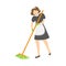 Happy smiling housemaid with a mop washing the floor. Vector illustration in flat cartoon style.