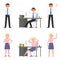 Happy, smiling, joyful office man, woman vector. Standing thumbs up, sitting at desk happy and relaxed boy, girl cartoon character