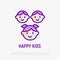 Happy smiling kids thin line icon: girl with tails and two boys. Modern vector illustration