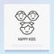 Happy smiling kids thin line icon: girl with tails and two boys. Modern vector illustration