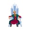 Happy smiling king character sits on the throne. Vector flat cartoon illustration.