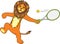 Happy smiling lion plays tennis