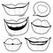 Happy smiling lips. People mouths smiles. Vector black and white coloring page.