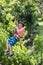 Happy smiling little boy riding a zip line in a lush tropical forest