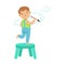 Happy smiling little boy standing on a chair and painting clouds on a white wall. Colorful character vector Illustration