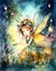 Happy smiling little fairy, flying in a magical enchanted moonlit forest surrounded by fireflies