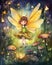 Happy smiling little fairy, flying in a magical enchanted moonlit forest surrounded by fireflies