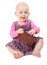 Happy smiling little girl in violet dress sits