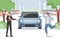 Happy smiling man in casual clothes buying a car vector flat illustration. Car showroom, rental, or purchase car service