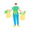 Happy smiling man in a green t-shirt standing with bags of fresh vegetarian food. Vector illustration in cartoon style.