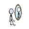 Happy smiling man looking in mirror. Vector simple self esteem reflection in the mirror. Stickman no face clipart cartoon. Hand