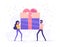 Happy smiling man and woman are carrying a large gift box. Bonus or special offer. Present. Modern vector illustration