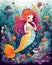 Happy smiling mermaid, long red hair, water color illustration, bright colors