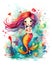 Happy smiling mermaid portrait, water color illustration, bright rainbow colors