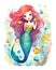 Happy smiling mermaid portrait, water color illustration, bright rainbow colors