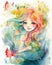 Happy smiling mermaid portrait, water color illustration, bright rainbow colors