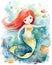 Happy smiling mermaid portrait, water color illustration, bright rainbow colors