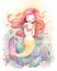 Happy smiling mermaid portrait, water color illustration, bright rainbow colors