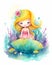 Happy smiling mermaid portrait, water color illustration, bright rainbow colors