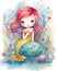 Happy smiling mermaid, water color illustration, bright rainbow colors