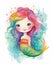Happy smiling mermaid, water color illustration, bright rainbow colors