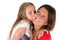 Happy smiling mother hugging kissing little child daughter on a white background