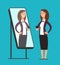 Happy smiling narcissistic confident businesswoman looking at reflection in mirror. Self love vector concept