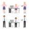 Happy smiling office man, woman vector. Sitting, writing, standing with tablet, side view casual worker people cartoon character