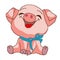 A happy smiling piglet pink with a blue bow, painted in squares, pixels. Vector illustration