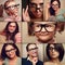 Happy smiling portrait collage collection from people in glasses looking. Fashion style of different background