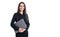 Happy smiling professional woman businesswoman ceo boss manager assistant holding laptop in formalwear