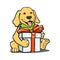 Happy smiling puppy with gift box and red bow. friendly labrador golden retriever baby cartoon illustration