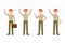 Happy, smiling, red hair office man in green pants vector illustration. Waving, saying hello, hands up, standing boy character