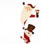 Happy smiling Santa Claus with jingle bell and cute snowman standing behind a blank sign, showing on big blank sign