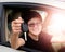 Happy smiling short-hair woman in the car