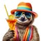 Happy and smiling sloth wearing colorful summer hat and stylish sunglasses holding cocktail glass with delicious drink, isolated