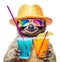 Happy and smiling sloth wearing summer hat and stylish sunglasses holding cocktail glass with delicious drink, isolated over white