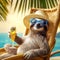 Happy and smiling sloth wearing summer hat and stylish sunglasses, holding cocktail glass, sits on beach chair under the palms.