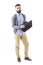 Happy smiling smart casual man holding laptop and looking at camera