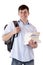 Happy smiling student with rucksack and books